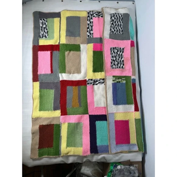 Handmade Crochet Patchwork Blanket Throw Boho Colorful Cozy Quilt Bedspread - Picture 5 of 8